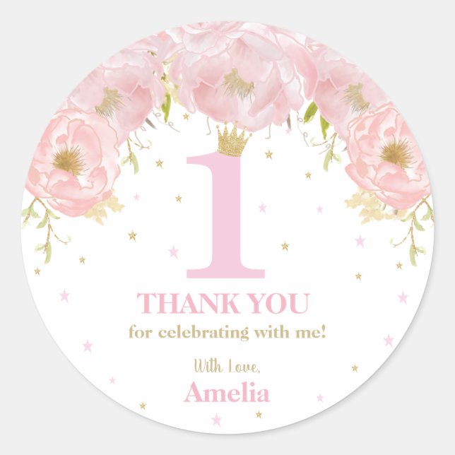 Pink Blush Floral Gold 1st Birthday Girl Princess Classic Round Sticker (Front)