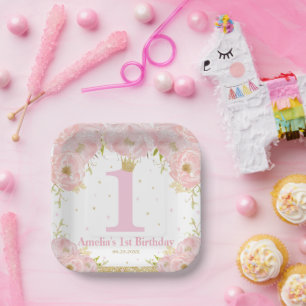 Pink Blush Floral Gold 1st Birthday Girl Princess Paper Plate