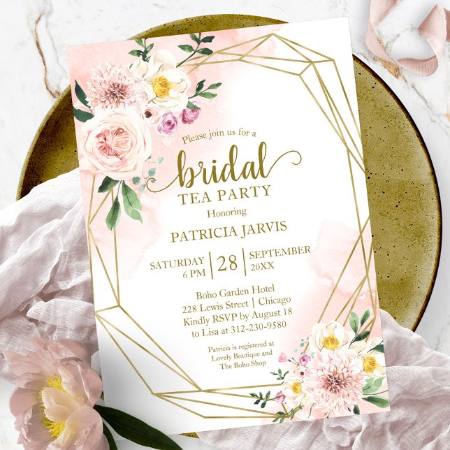 Pink Blush Floral Gold Bridal Shower Tea Party Invitation (Creator Uploaded)