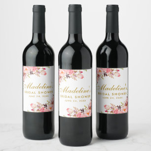 Pink Blush Floral Gold Bridal Shower Wine Label