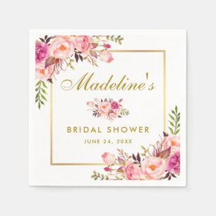 Pink Blush Floral Gold Frame Bridal Shower Napkin