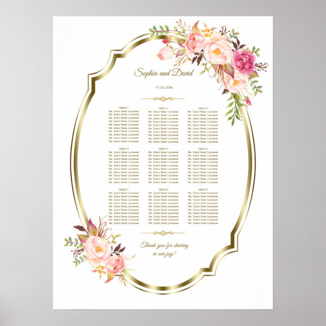 Pink Blush Floral Gold Frame Wedding Seating Chart (Front)