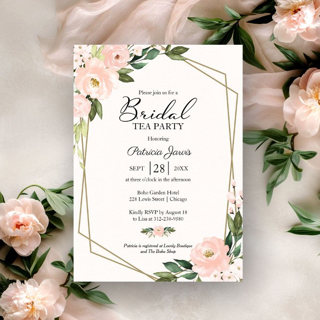 Pink Blush Floral Gold Geometric Bridal Tea Party Invitation (Creator Uploaded)