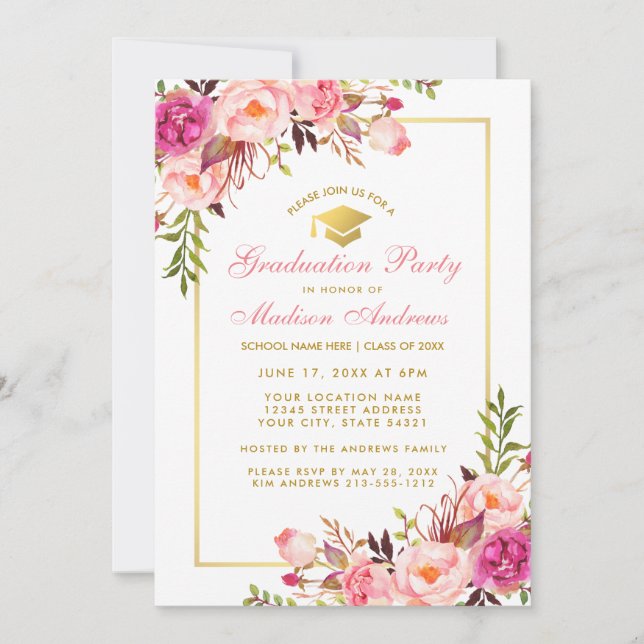 Pink Blush Floral Gold Graduation Party Invitation (Front)