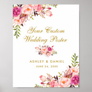 Pink Blush Floral Gold Wedding Custom Poster