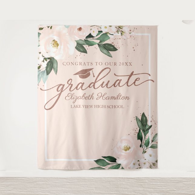 Pink Blush Floral Graduation Party Photo Backdrop Tapestry (Front)