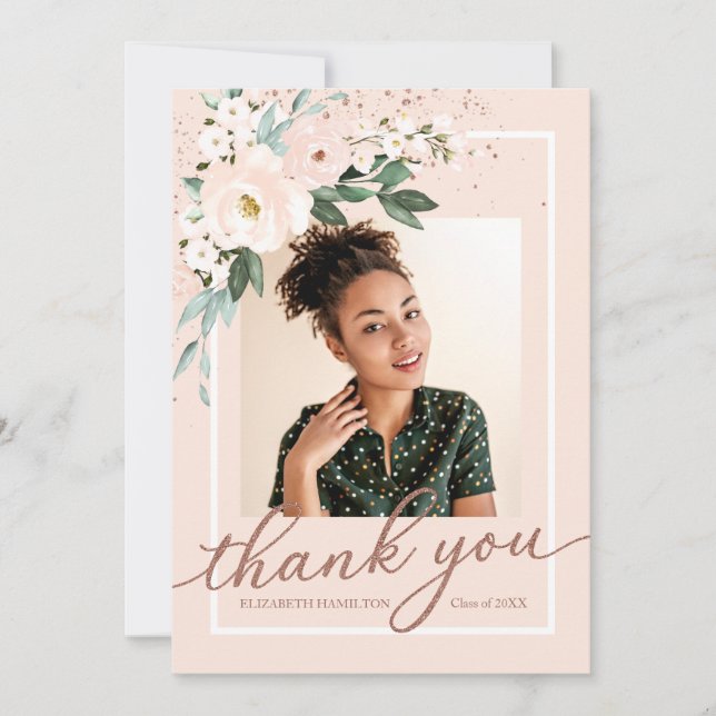 Pink Blush Floral Graduation Photo Thank You (Front)