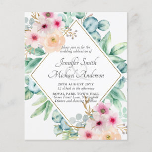 Pink Blush Floral Greenery Wedding Invites BUDGET