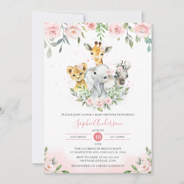 Pink Blush Floral Jungle Animal Safari Baby Shower Invitation (Front)