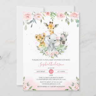 Pink Blush Floral Jungle Animal Safari Baby Shower Invitation