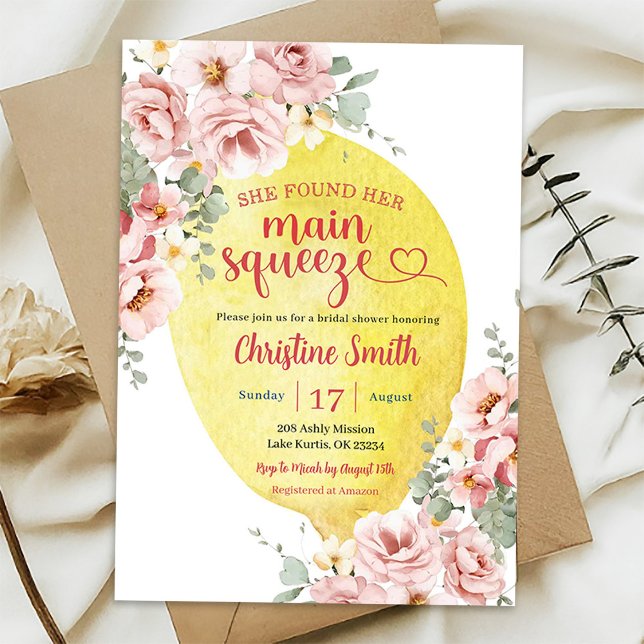 Pink Blush Floral Lemon Main Squeeze Bridal Shower Invitation (Creator Uploaded)