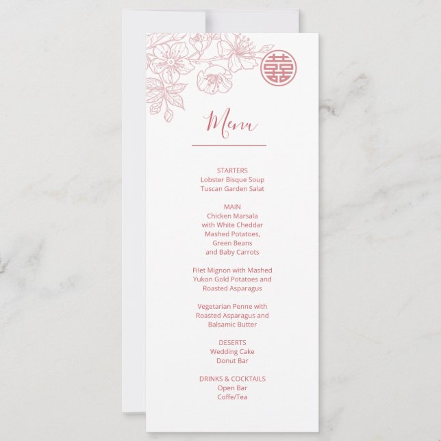 Pink Blush Floral Line Art Chinese Wedding Menu  Invitation (Front)