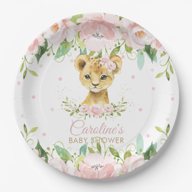 Pink Blush Floral Lion Birthday Baby Shower Paper Plate (Front)