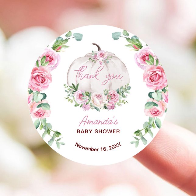 Pink Blush Floral Little Pumpkin Baby Shower Classic Round Sticker (Creator Uploaded)