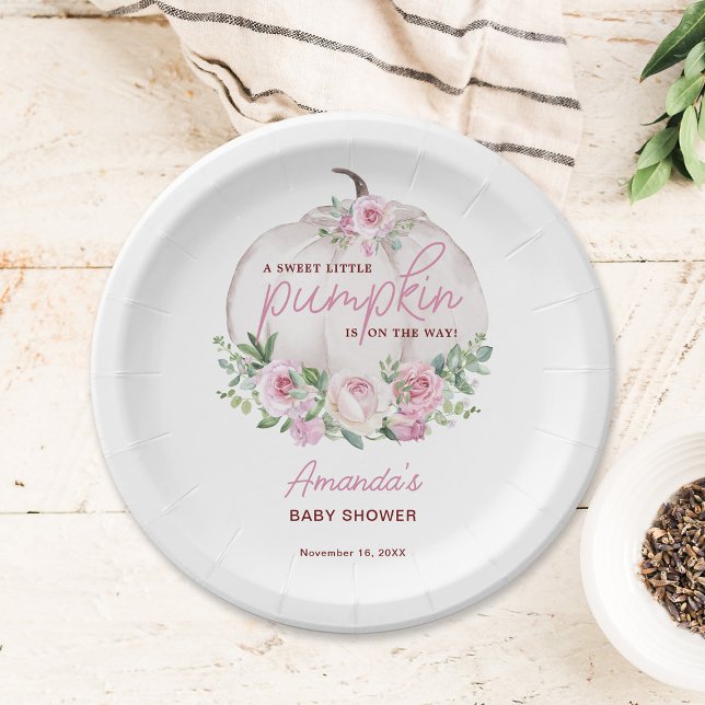 Pink Blush Floral Little Pumpkin Baby Shower Paper Plate (Creator Uploaded)