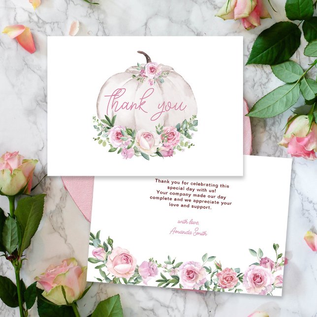 Pink Blush Floral Little Pumpkin Baby Shower Thank You Card (Creator Uploaded)