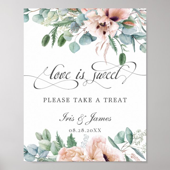 Pink Blush Floral Love is Sweet Take a Treat Sign (Front)