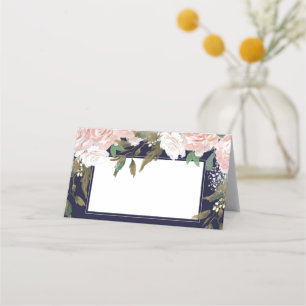 pink blush floral navy wedding place card