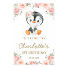 Pink Blush Floral  Penguin 1st Birthday Welcome