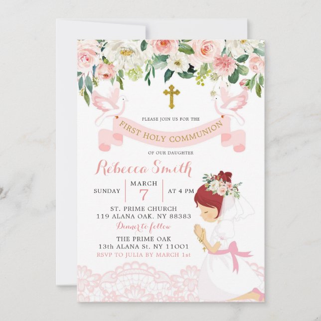 Pink Blush Floral Red Hair First Holy Communion Invitation (Front)