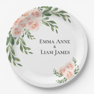 Pink Blush Floral Romantic Elegant Script Greenery Paper Plate