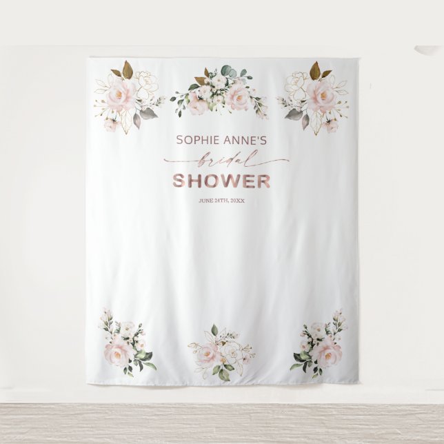Pink Blush Floral Rose Gold Bridal Shower Prop Tapestry (Front)