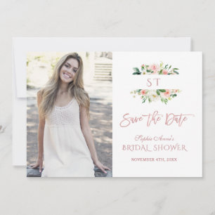 Pink Blush Floral Rose Gold Photo Bridal Shower Save The Date