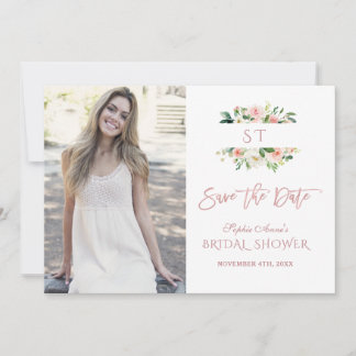 Pink Blush Floral Rose Gold Photo Bridal Shower Save The Date