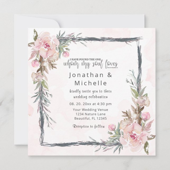 Pink Blush Floral Rustic Frame Christian Wedding Invitation (Front)
