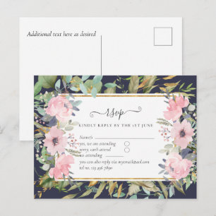 Pink Blush Floral Sage Greenery Wedding RSVP Postcard
