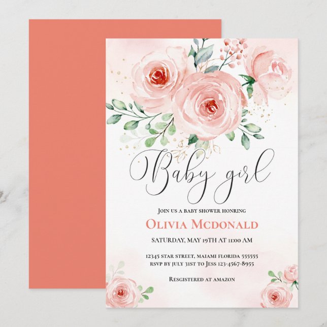 Pink Blush Floral Sweet Baby Shower Girl Invitation (Front/Back)