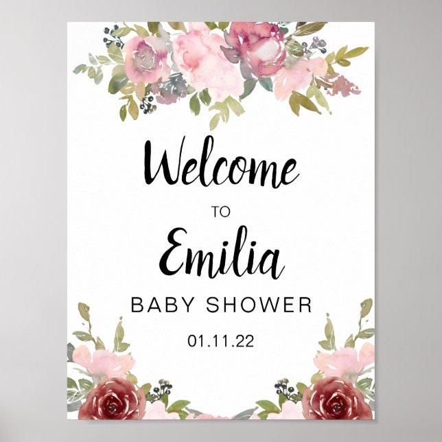 pink blush floral watercolor baby shower elegant poster (Front)