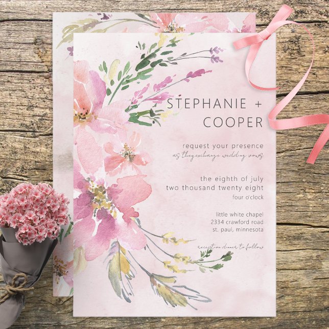 Pink Blush Floral Watercolor Modern Wedding Invitation (Creator Uploaded)