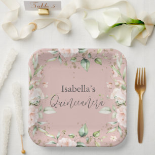 Pink Blush Floral Watercolor Quinceañera Paper Pla Paper Plate