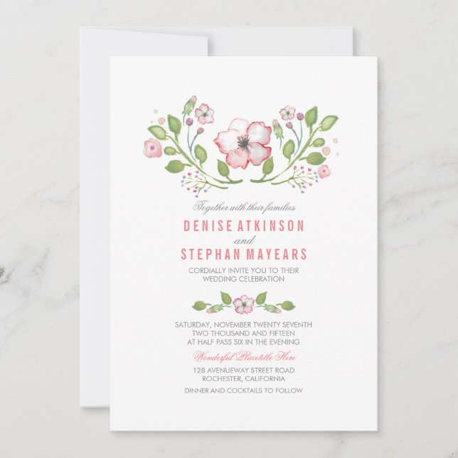 Pink & Blush Floral Watercolor Wedding Invitations (Front)
