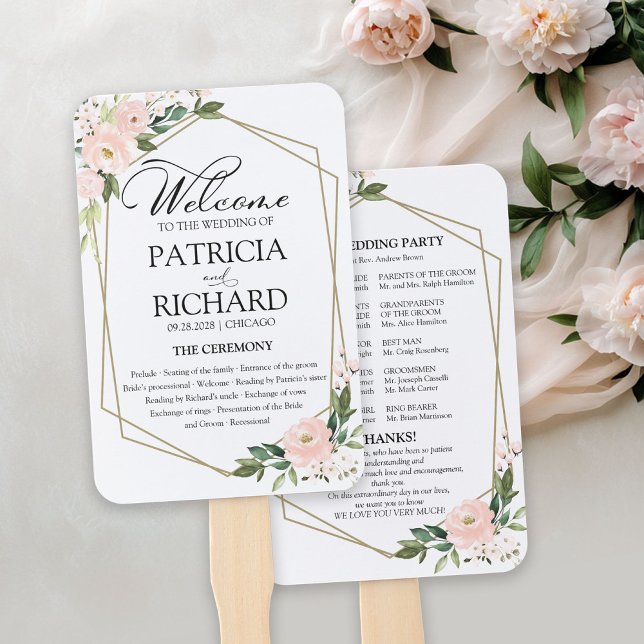 Pink Blush Floral Wedding Ceremony Program Hand Fan (Creator Uploaded)