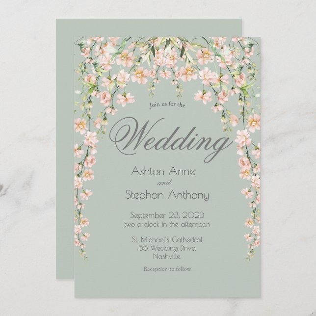 Pink Blush Floral Wildflowers Chic Elegant Wedding Invitation (Front/Back)