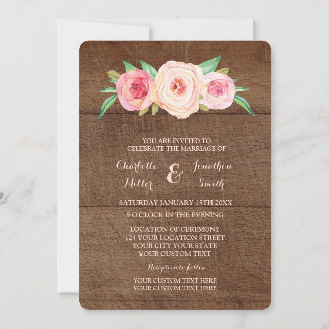 Pink Blush Floral Wood Wedding Invitations (Back)