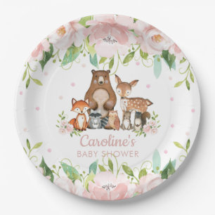 Pink Blush Floral Woodland Animals Baby Shower Paper Plate