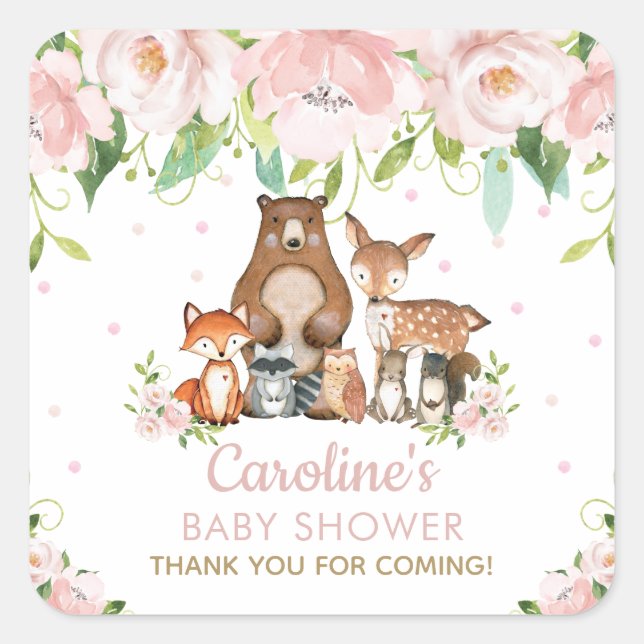 Pink Blush Floral Woodland Animals Thank You Favou Square Sticker (Front)