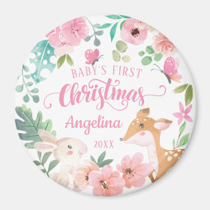 Pink Blush Floral Woodland Baby's 1st Christmas Magnet