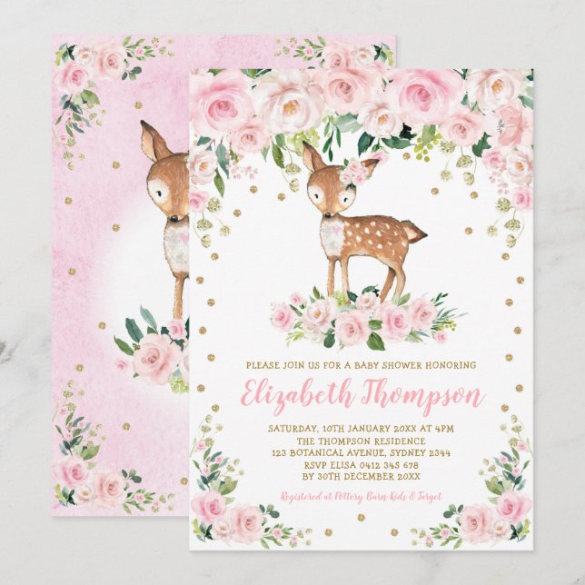 Pink Blush Floral Woodland Deer Baby Girl Shower Invitation (Front/Back)