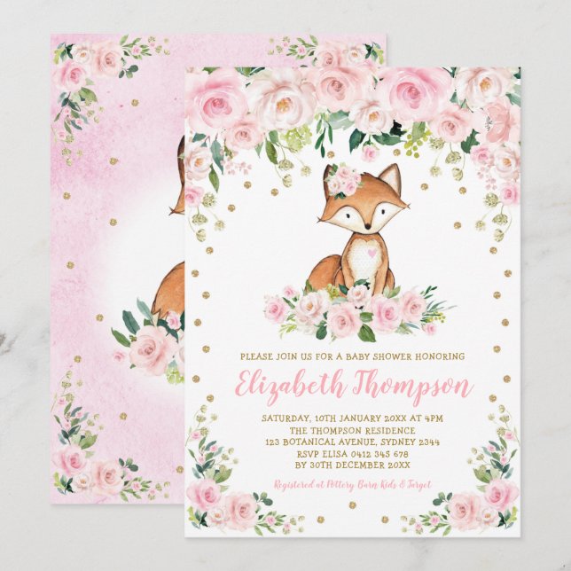Pink Blush Floral Woodland Fox Baby Girl Shower Invitation (Front/Back)