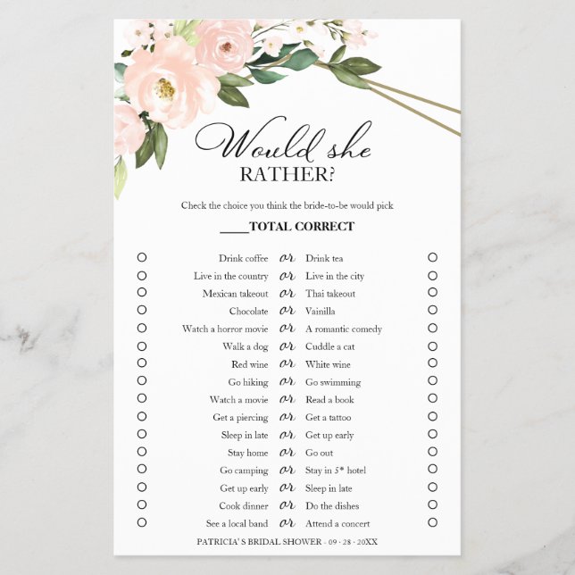 Pink Blush Floral Would She Rather Game Flyer (Front)