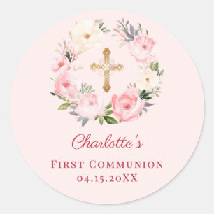 Pink blush floral wreath First Communion Classic Round Sticker