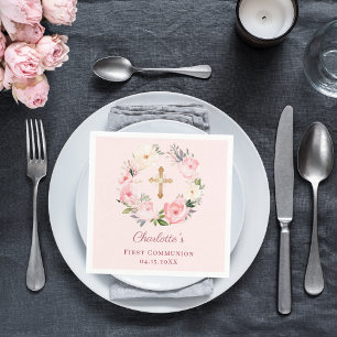 Pink blush floral wreath First Communion luncheon Napkin