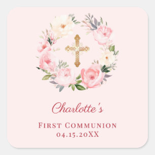 Pink blush floral wreath First Communion Square Sticker