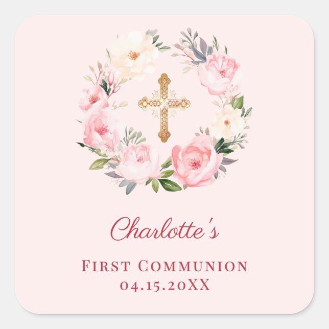 Pink blush floral wreath First Communion Square Sticker (Front)