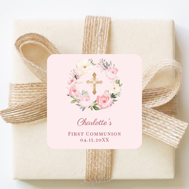 Pink blush floral wreath First Communion Square Sticker (Creator Uploaded)