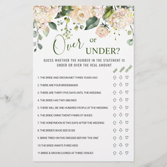 Pink Blush Flower Over Or Under Bridal Shower Game (Front)